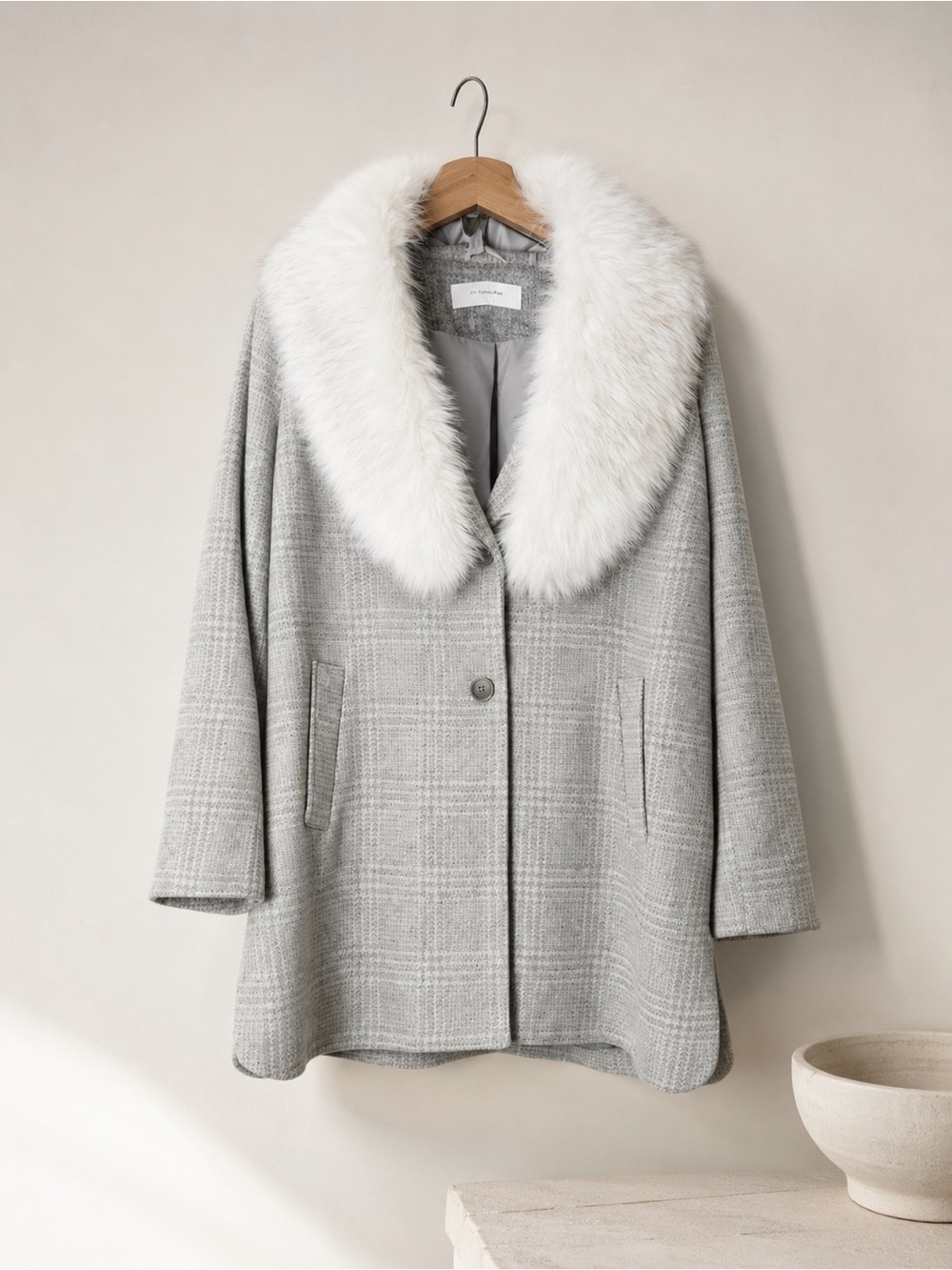 NWT T Tahari Olivia Tonal Gray Plaid Coat with Removable Faux Fur Collar Size 1X
